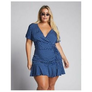 Soncy Wrap Dress Blue Polka Dot Mini NWT